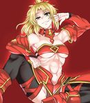  abs ao_(time-leap) armpits bare_shoulders black_legwear blonde_hair breasts detached_sleeves fate/apocrypha fate/grand_order fate_(series) grin high_heels large_breasts looking_at_viewer mordred_(fate) mordred_(fate)_(all) navel raised_eyebrow red_background short_hair simple_background smile solo thighhighs thighs thumbs_down underboob 