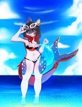  anthro bikini breasts clothing eyewear female fish goggles higgyy marine outside shark solo standing swimsuit thick_thighs wide_hips 