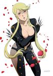  1girl blonde_hair bodysuit breasts capcom catsuit cleavage female fishnets gloves kasuga kasuga_(sengoku_basara) kunai kunoichi large_breasts leather lips long_bangs ninja official_art petals production_ig sengoku_basara short_hair tagme yellow_eyes 