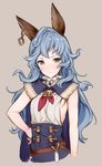  :/ animal_ears backless_outfit bangs blue_hair blush brown_background brown_eyes closed_mouth cropped_torso erune ferry_(granblue_fantasy) frown granblue_fantasy hand_on_hip long_hair looking_at_viewer saboten simple_background solo upper_body wavy_hair 