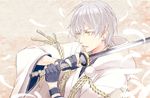  blue_gloves feathers gloves habuki holding holding_sword holding_weapon hood japanese_clothes male_focus parted_lips partly_fingerless_gloves pom_pom_(clothes) solo sword touken_ranbu tsurumaru_kuninaga upper_body weapon white_hair yellow_eyes 