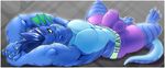  2016 abs absurd_res anthro bbd biceps blue_skin boxers_(clothing) bulge claws clothed clothing digital_media_(artwork) dragon english_text erection erection_under_clothes green_eyes hair hands_behind_head hi_res looking_at_viewer lying male muscular on_back pecs penis_outline reptile scalie simple_background smile solo text toe_claws topless tynedragon underwear 