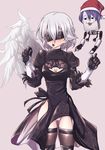  :3 ass_visible_through_thighs benizuwai black_dress black_gloves black_legwear blindfold braid breasts cleavage cleavage_cutout commentary_request cosplay crossover doremy_sweet dress feathered_wings french_braid gloves hat kishin_sagume long_sleeves nier_(series) nier_automata nightcap open_mouth pod_(nier_automata) simple_background single_wing small_breasts thigh_gap thighhighs touhou white_wings wide_hips wings yorha_no._2_type_b yorha_no._2_type_b_(cosplay) 