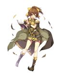  armor bangs bare_shoulders belt book boots bow bracelet breastplate broken_armor brown_eyes brown_hair cape dress dyute_(fire_emblem) eyebrows_visible_through_hair fang fire_emblem fire_emblem_echoes:_mou_hitori_no_eiyuuou fire_emblem_heroes full_body highres holding holding_book jewelry knee_boots long_hair looking_away miwabe_sakura official_art one_eye_closed short_dress sleeveless solo torn_clothes transparent_background 