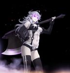  abs axe black_gloves bright_pupils carrying_over_shoulder elbow_gloves fingerless_gloves gloria_the_witch gloves glowing glowing_eyes grin hamashima_shigeo horns huge_weapon long_hair maggot_baits o-ring official_art purple_eyes silver_hair smile solo star star_print thighhighs weapon 