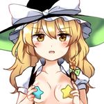  blonde_hair blush bow breasts breasts_outside collared_shirt commentary d: flashing hat hat_bow kirisame_marisa long_hair looking_at_viewer open_clothes open_mouth open_shirt pasties shirt small_breasts solo touhou vest wavy_hair wavy_mouth white_bow witch_hat yellow_eyes yururi_nano 