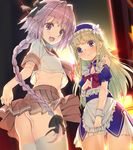  1other :d androgynous apron ass ass_visible_through_thighs astolfo_(fate) bangs blonde_hair blue_eyes blurry blurry_background bow braid chevalier_d'eon_(fate/grand_order) crop_top depth_of_field dress embarrassed evening eyebrows_visible_through_hair fang fate/apocrypha fate/grand_order fate_(series) from_behind hair_bow hair_intakes highres kagome_(traumatize) lifted_by_self long_hair looking_at_viewer looking_back maid maid_headdress midriff neckerchief open_mouth otoko_no_ko outdoors pink_eyes pink_hair pink_neckwear pink_skirt pleated_skirt school_uniform serafuku short_sleeves single_braid skirt skirt_lift smile thighhighs very_long_hair wavy_mouth white_legwear wrist_cuffs 