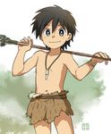  black_hair bright_pupils cowboy_shot doraemon doraemon:_nobita_no_nihon_tanjou grey_eyes komejiru_tatsunoshin kukuru_(doraemon) loincloth looking_at_viewer male_focus over_shoulder polearm smile solo spear weapon weapon_over_shoulder 