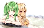  back-to-back bangs bathing beatmania beatmania_iidx blonde_hair blush closed_eyes collarbone green_hair hishimiya_tsugaru light_smile long_hair maremay0513 multiple_girls nude onsen open_mouth red_eyes rubber_duck smile two_side_up upper_body xiatian_(beatmania_iidx) 