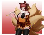  absurdres animal_ears bare_shoulders bell black_legwear breasts cleavage cowboy_shot detached_sleeves floral_print fox_ears fox_tail gradient gradient_background hair_bell hair_ornament highres holding holding_pipe holding_sword holding_weapon japanese_clothes jingle_bell kiseru large_breasts less long_hair looking_at_viewer multiple_tails obi original pipe red_background red_hair ribbon-trimmed_legwear ribbon_trim sash sheath sheathed smile solo sword tail thighhighs weapon wide_sleeves yellow_eyes 