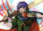  blue_hair cape eating fingerless_gloves fire_emblem fire_emblem:_akatsuki_no_megami fire_emblem:_souen_no_kiseki food gloves holding holding_sword holding_weapon ike looking_at_viewer male_focus ragnell solo sword techitoni weapon 