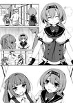  1boy 2girls admiral_(kantai_collection) braid breasts closed_eyes closed_mouth comic commentary crying eyebrows_visible_through_hair grabbing grabbing_from_behind greyscale hair_between_eyes hair_ribbon hairband hand_on_another's_face highres indoors kantai_collection kasumi_(kantai_collection) looking_at_another looking_at_viewer medium_breasts medium_hair military military_uniform monochrome multiple_girls open_mouth remodel_(kantai_collection) ribbon sailor_collar school_uniform serafuku sheita side_ponytail small_breasts smile tears teruzuki_(kantai_collection) twin_braids uniform 