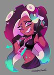  2017 bare_shoulders beauty_mark cephalopod clothing dark_skin female fingerless_gloves gloves green_eyes hair headphones humanoid jacket long_hair m4tcha-m0chi marina_(splatoon) marine navel nintendo not_furry octoling octopus signature smile solo splatoon tentacle_hair tentacles video_games 