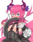 black_dress blue_eyes blush breasts commentary_request dragon_tail dress elizabeth_bathory_(fate) elizabeth_bathory_(fate)_(all) eyebrows_visible_through_hair fate/extra fate/extra_ccc fate/grand_order fate_(series) hair_between_eyes holding_own_tail holding_tail horns long_hair looking_at_viewer pink_hair pointy_ears purple_ribbon ribbon simple_background small_breasts solo tail upper_body yuzu_kiro 
