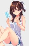  :&lt; ahoge bangs banned_artist bare_legs barefoot blouse brown_hair camisole commentary denim denim_shorts eyebrows_visible_through_hair food grey_background holding holding_food long_hair original popsicle purple_eyes short_shorts shorts sidelocks simple_background sitting solo suisen sweatdrop thighs white_blouse 
