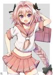  :d arm_up astolfo_(fate) bag bangs bow braid contrapposto cowboy_shot crop_top eyebrows_visible_through_hair fang fate/apocrypha fate/grand_order fate_(series) hair_bow hair_intakes hand_behind_head hand_on_hip highres holding holding_bag long_hair looking_at_viewer male_focus midriff multicolored_hair navel nayuhi_(yukimuu14) neckerchief open_mouth otoko_no_ko pink_hair pink_neckwear pink_skirt pleated_skirt purple_eyes red_sailor_collar red_skirt sailor_collar school_bag school_uniform serafuku short_sleeves single_braid skirt smile solo standing thighhighs two-tone_background two-tone_hair very_long_hair white_legwear 