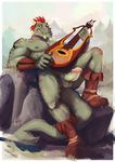  alpha_thunder anthro argonian armor balls biceps boots bracers clothing erection feathers footwear green_scales grin horn invalid_tag looking_at_viewer lute male muscular outside pecs penis playing_instrument red_feathers scales scalie simple_background sitting skyrim smile solo spines stripes the_elder_scrolls video_games 