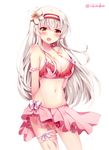  :d bikini breasts brown_eyes eyebrows_visible_through_hair hair_between_eyes headband ichiyou_moka jewelry kantai_collection large_breasts long_hair open_mouth pink_bikini pink_skirt pleated_skirt ring shoukaku_(kantai_collection) simple_background skirt smile solo swimsuit twitter_username wedding_band white_background white_hair 