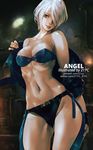  21yc_(september_breeze) angel_(kof) artist_name breasts chaps fingerless_gloves gloves hair_over_one_eye highres jacket jacket_removed looking_at_viewer medium_breasts navel silver_hair solo stomach the_king_of_fighters toned 