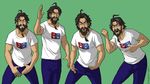  ahoge arm_up artist_name beard black_hair clenched_hand commentary denim edward_teach_(fate/grand_order) facial_hair fate/grand_order fate_(series) green_background highres jamrolypoly jeans just_do_it_(meme) male_focus meme mustache pants parody shia_labeouf shirt white_shirt 