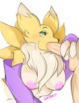  2017 anthro areola black_sclera blue_eyes blush breasts chest_tuft clothing digimon duo fellatio female fluffbug fluffy fur looking_away male male/female mammal markings midriff navel nude oral penis renamon saliva sex simple_background solo_focus tuft yellow_fur 