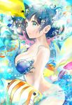  air_bubble animal arched_back bangs bikini_top blue_bikini_top blue_eyes blue_hair bottomless breasts bubble bunny cleavage commentary_request eyebrows_visible_through_hair from_side keepout large_breasts long_hair ocean original parted_lips solo submerged tropical_fish underwater 