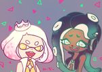  2017 bare_shoulders beauty_mark cephalopod clothing crown dark_skin duo fangs female green_eyes hair happy humanoid inkling jacket marina_(splatoon) marine mask mizoreame00 nintendo not_furry octoling octopus open_mouth pearl_(splatoon) short_hair splatoon squid tentacle_hair tentacles video_games yellow_eyes 