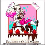  2017 beauty_mark boots cake cephalopod clothing crown dress eyes_closed female fingerless_gloves food footwear fruit gloves hair humanoid inkling marine mask nintendo not_furry pearl_(splatoon) short_hair smile solo splatoon squid tealfuleyes tentacle_hair tentacles video_games 