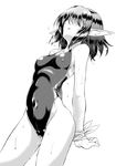  arms_behind_back bangs bare_arms bare_shoulders bdsm blush bondage bound bound_wrists breasts collarbone covered_eyes covered_navel covered_nipples cowboy_shot elf fingernails greyscale groin hair_over_eyes kawajuu legs_apart monochrome one-piece_swimsuit open_mouth original pointy_ears restrained school_swimsuit short_hair simple_background skin_tight small_breasts solo standing sweat swimsuit white_background 