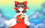  :d ascot bare_shoulders blurry blush bow brown_hair commentary depth_of_field detached_sleeves hair_bow hair_tubes hakurei_reimu large_bow looking_at_viewer medium_hair open_mouth red_eyes skirt skirt_set smile solo touhou vest yururi_nano 
