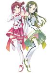  azuki_(vocaloid4) back-to-back boots detached_sleeves dress frills green_hair kanzaki_hiro kobayashi_matcha long_hair looking_at_viewer masaoka_azuki matcha_(vocaloid4) multiple_girls official_art red_hair short_hair smile standing standing_on_one_leg thigh_boots thighhighs vocaloid white_footwear white_legwear zettai_ryouiki 