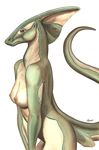  2012 anthro areola biped breasts brown_sclera captainninja dinosaur earhole facial_markings female frill markings nipples pinup portrait pose scalie shadow side_view signature simple_background small_breasts snout solo standing three-quarter_portrait 