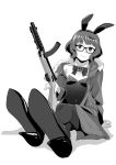  1girl ahoge alternate_costume animal_ears bangs bespectacled blunt_bangs bow bowtie bunny_ears bunnysuit coat detached_collar firearm_request foreshortening full_body fur-trimmed_coat fur_trim glasses greyscale gun kantai_collection kishinami_(kantai_collection) leotard looking_at_viewer makio_(makiomeigenbot) monochrome pantyhose perspective rifle short_hair sitting solo strapless strapless_leotard trench_coat wavy_hair weapon 