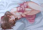  bed_sheet blush bow breasts brown_hair drill_hair hair_bow harukaze_(kantai_collection) japanese_clothes kantai_collection kimono kimono_removed pillow pink_kimono red_bow red_eyes short_hair small_breasts solo twin_drills yukishiro_arute 