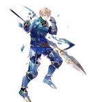  armor bangs belt blonde_hair broken_armor cleive eyebrows_visible_through_hair fire_emblem fire_emblem_echoes:_mou_hitori_no_eiyuuou fire_emblem_heroes full_body gauntlets highres holding holding_weapon looking_away male_focus mole mole_under_mouth official_art one_eye_closed polearm purple_eyes scar solo spear tobi_(kotetsu) torn_clothes transparent_background weapon 