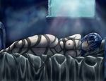  arms_behind_back bdsm bed blue_eyes blue_hair bondage bound breast_bondage breasts closed_mouth hai_to_gensou_no_grimgar highres hiru-kun_no_ami merry_(grimgar) nipples nude small_breasts solo tears 