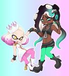  2017 ambunny bare_shoulders beauty_mark boots cephalopod clothing crown dark_skin dress duo english_text female fingerless_gloves footwear gloves green_eyes hair hand_holding happy headphones humanoid inkling jacket long_hair marina_(splatoon) marine mask navel nintendo not_furry octoling octopus pearl_(splatoon) short_hair signature smile splatoon squid tentacle_hair tentacles text video_games yellow_eyes 