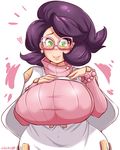  ! 1girl artist_name bead_bracelet beads blush bracelet breasts chikkibug earrings eyebrows_visible_through_hair glasses green_eyes hands_on_own_chest heart highres huge_breasts jewelry long_sleeves looking_down pink-framed_eyewear pink-framed_glasses pink_sweater pokemon pokemon_sm purple_hair ribbed_sweater short_hair signature simple_background smile solo sweater text turtleneck turtleneck_sweater white_background wicke_(pokemon) 