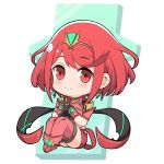  1girl bangs chibi covered_navel earrings fingerless_gloves gloves headpiece homura_(xenoblade_2) jewelry looking_at_viewer mochimochi_(xseynao) nintendo red_eyes red_hair red_shorts short_hair shorts shoulder_armor smile solo swept_bangs tiara xenoblade_(series) xenoblade_2 