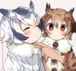  animal_ears blurry blush brown_eyes brown_hair chin_tickle closed_eyes coat commentary depth_of_field disembodied_limb eurasian_eagle_owl_(kemono_friends) eyebrows_visible_through_hair fur_collar fur_trim grey_hair hair_between_eyes head_wings kemono_friends long_sleeves multicolored_hair multiple_girls northern_white-faced_owl_(kemono_friends) onbin_ha open_mouth pom_pom_(clothes) short_hair silver_hair simple_background white_background white_coat white_hair 
