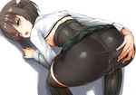  :d ass ass_grab back bent_over bike_shorts black_shorts blush breasts brown_hair cameltoe commentary deep_skin eyebrows_visible_through_hair fingernails from_behind grabbing_own_ass green_eyes green_skirt headgear highres ipuu_(el-ane_koubou) kantai_collection long_sleeves looking_at_viewer looking_back on_floor open_mouth shadow shirt short_hair shorts sideboob sidelocks simple_background skin_tight skirt skirt_up small_breasts smile solo spread_ass taihou_(kantai_collection) taut_clothes taut_shorts tongue upper_teeth white_background white_shirt 