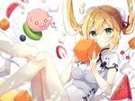 air_bubble anzu_(sumisaki_yuzuna) bangs bare_legs blush breasts bubble bun_cover china_dress chinese_clothes closed_mouth commentary_request double_bun dress eyebrows_visible_through_hair floating_hair food fruit hair_between_eyes hair_ribbon holding holding_breath kiwi_slice kiwifruit legs_up long_hair looking_at_viewer medium_breasts original pig print_dress red_ribbon ribbon short_sleeves simple_background solo strawberry submerged sugar_cube sumisaki_yuzuna twintails underwater watermelon white_background white_dress 