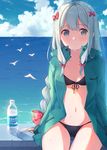  aqua_eyes arms_at_sides bangs bikini bikini_under_clothes bird black_bikini blush bottle bow braid brand_name_imitation breasts closed_mouth cloud commentary_request cowboy_shot day eromanga_sensei eyebrows_visible_through_hair front-tie_bikini front-tie_top green_jacket hair_bow hair_ribbon horizon izumi_sagiri jacket kamon_(shinshin) light_frown long_hair looking_at_viewer ocean open_clothes open_jacket outdoors pink_bow pocari_sweat ribbon sidelocks silver_hair single_braid sitting small_breasts solo swimsuit thigh_gap thighs tress_ribbon wet 