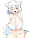  1girl animal_ears artist_name bikini breasts cleavage halter_top halterneck huge_breasts inubashiri_momiji kabun_(suzuna_jct) looking_at_viewer open_mouth red_eyes side-tie_bikini signature simple_background smile solo swimsuit tail touhou white_background white_bikini white_hair wolf_ears wolf_tail 