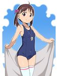  ahoge bare_shoulders blue_swimsuit breasts brown_eyes brown_hair collarbone commentary covered_navel cowboy_shot eyebrows_visible_through_hair hair_ribbon long_hair looking_at_viewer old_school_swimsuit one-piece_swimsuit original ribbon school_swimsuit small_breasts smile solo suikasan swimsuit thighhighs towel twintails whistle white_legwear 