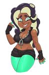  2017 acstlu breasts cephalopod cleavage clothed clothing female fingerless_gloves gloves headphones humanoid looking_at_viewer marina_(splatoon) marine midriff navel navel_piercing nintendo not_furry octoling piercing simple_background smile solo splatoon tentacle_hair tentacles video_games white_background 