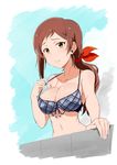  absurdres adjusting_clothes adjusting_swimsuit bad_id bad_pixiv_id bikini_top blush breasts brown_eyes brown_hair cleavage commentary_request highres idolmaster idolmaster_million_live! j.roswel kitazawa_shiho large_breasts long_hair looking_at_viewer navel ponytail solo strap_gap strap_pull swimsuit 