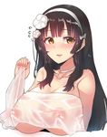  bangs black_hair blunt_bangs blush breasts brown_eyes choker collarbone covered_nipples girls_frontline hair_ornament hair_ribbon hairband holding justeeeeth large_breasts long_hair open_mouth qbz-95_(girls_frontline) ribbon simple_background smile solo towel white_background 