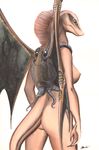  2012 big_breasts biped black_sclera breasts butt captainninja facial_markings female frill humanoid_hands markings membranous_wings nipples nude portrait rear_view scalie signature simple_background snout solo tentacles three-quarter_portrait wings 