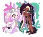  2017 bare_shoulders beauty_mark cephalopod clothing crown dark_skin dress duo emstylauzer fangs female fingerless_gloves gloves green_eyes hair headphones hi_res humanoid inkling jacket marina_(splatoon) marine mask nintendo not_furry octoling octopus pearl_(splatoon) short_hair smile splatoon squid tentacle_hair tentacles video_games yellow_eyes 